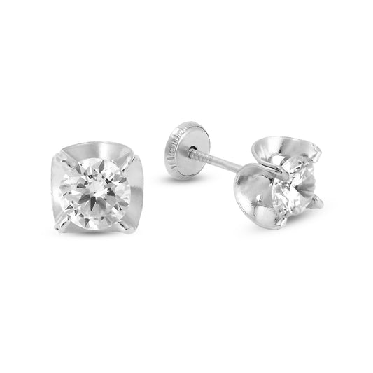14K White Gold 6MM White CZ Wavy Bezel Stud Screwback Earrings