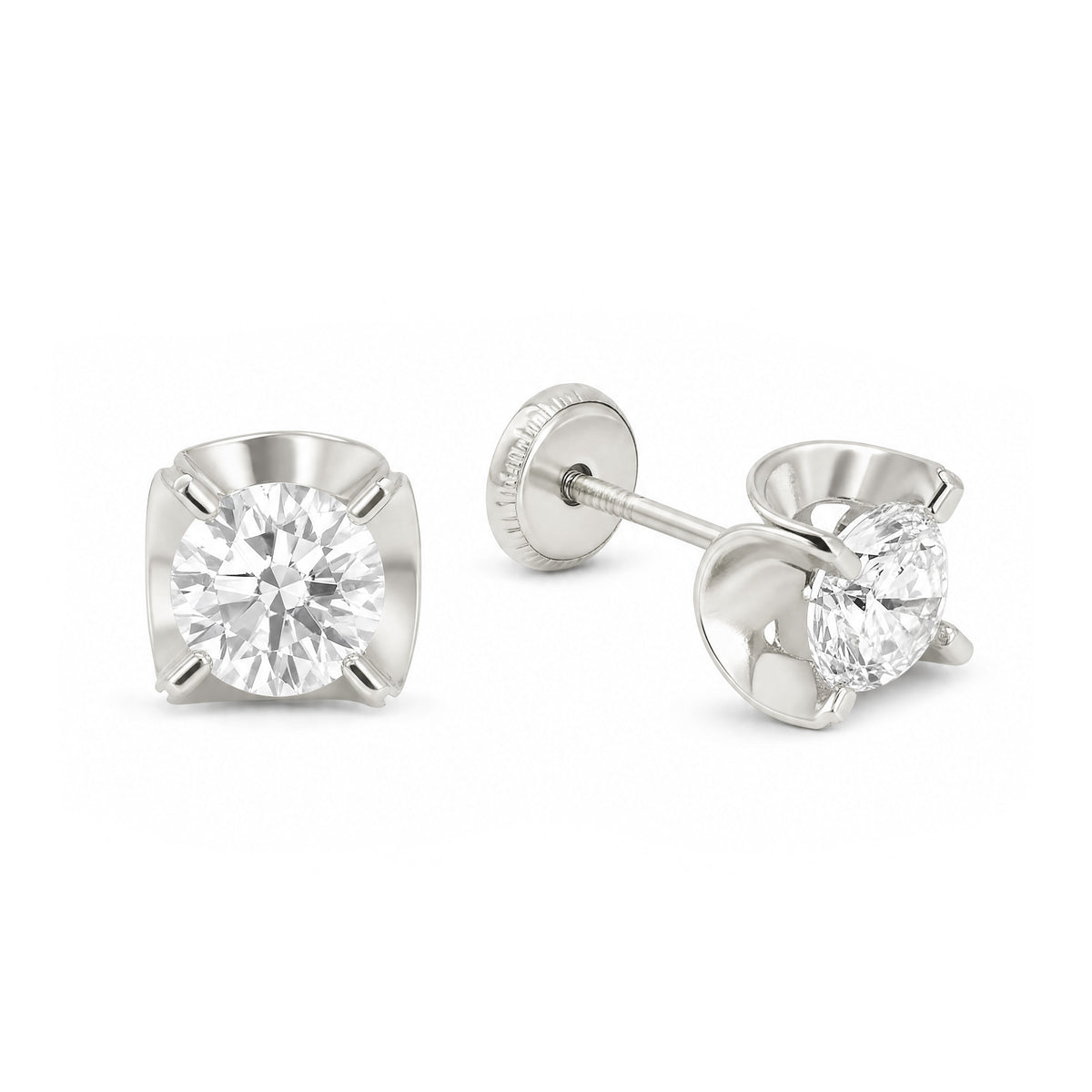 14K White Gold 6MM White CZ Wavy Bezel Stud Screwback Earrings