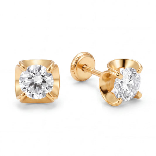 14K Yellow Gold 6MM White CZ Wavy Bezel Stud Screwback Earrings