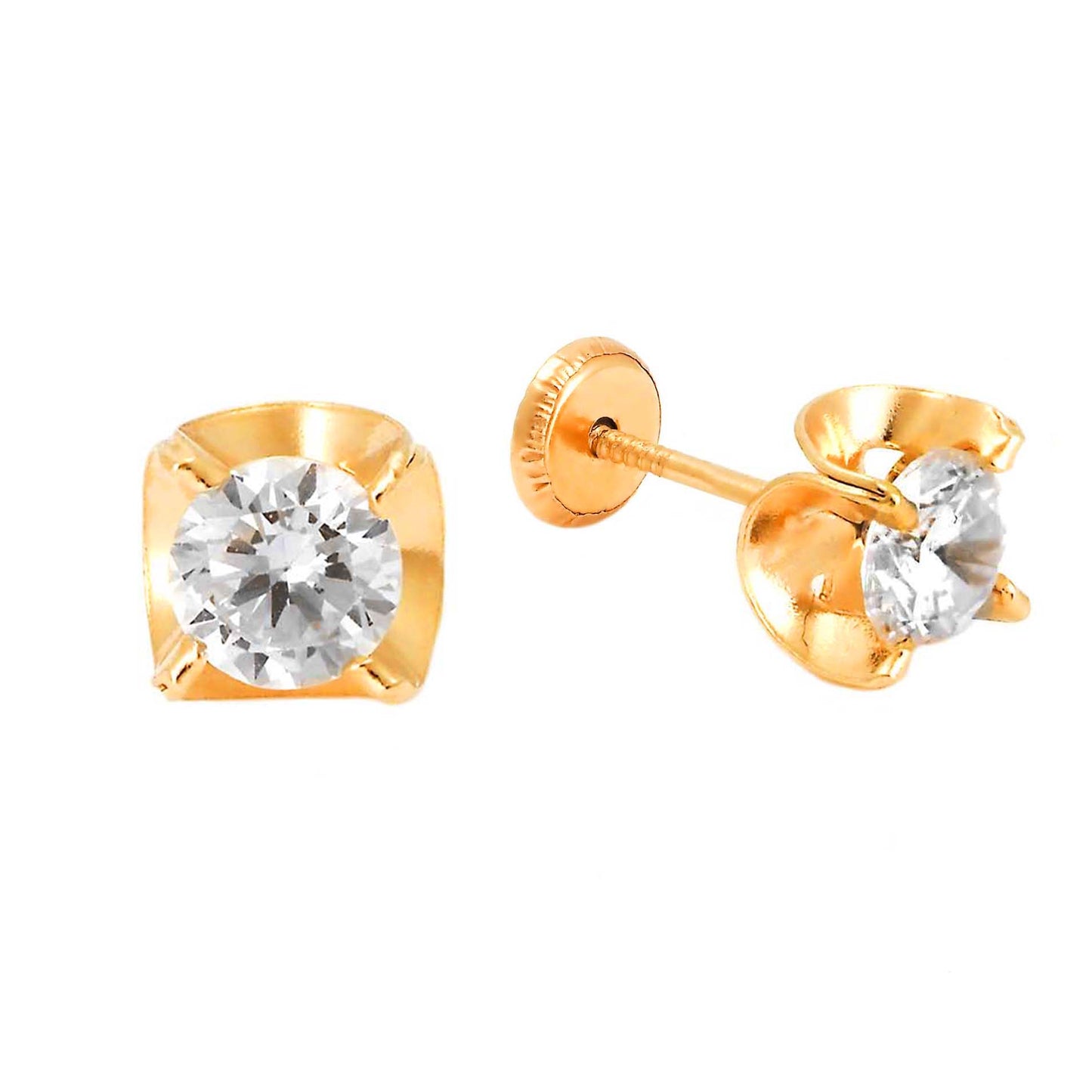 14K Yellow Gold 6MM White CZ Wavy Bezel Stud Screwback Earrings