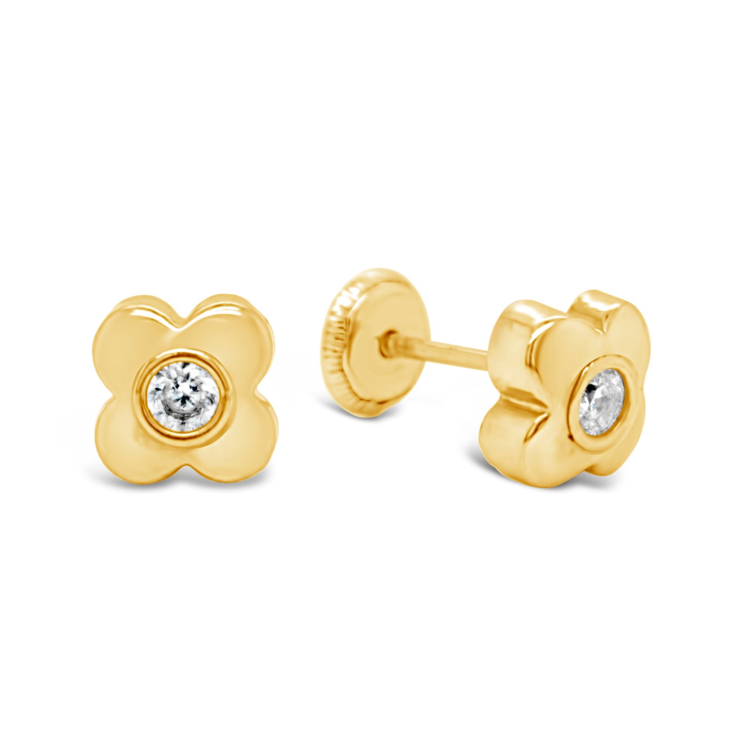 14K White Gold Large Bubble Flower with Soulitaire CZ Center Stud Screwback Earrings