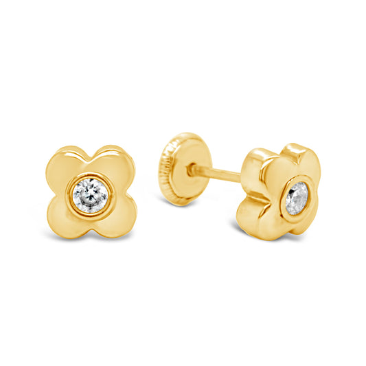14K White Gold Large Bubble Flower with Soulitaire CZ Center Stud Screwback Earrings