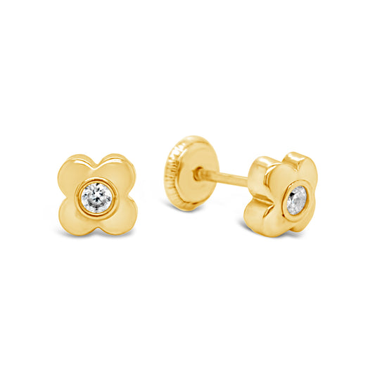 14K White Gold Medium Bubble Flower with Soulitaire CZ Center Stud Screwback Earrings
