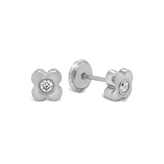 14K White Gold Small Bubble Flower with Soulitaire CZ Center Stud Screwback Earrings