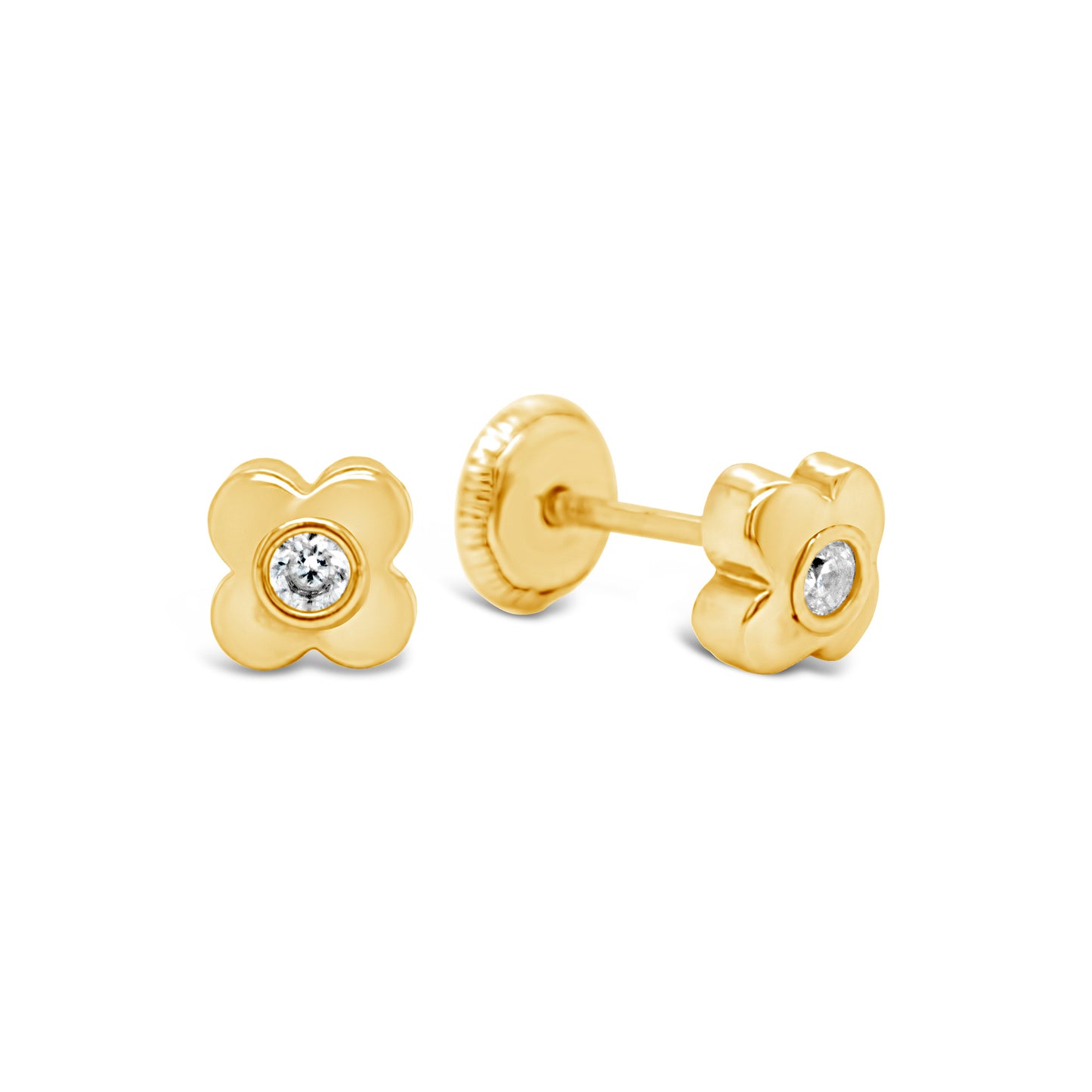 14K Yellow Gold Small Bubble Flower with Soulitaire CZ Center Stud Screwback Earrings