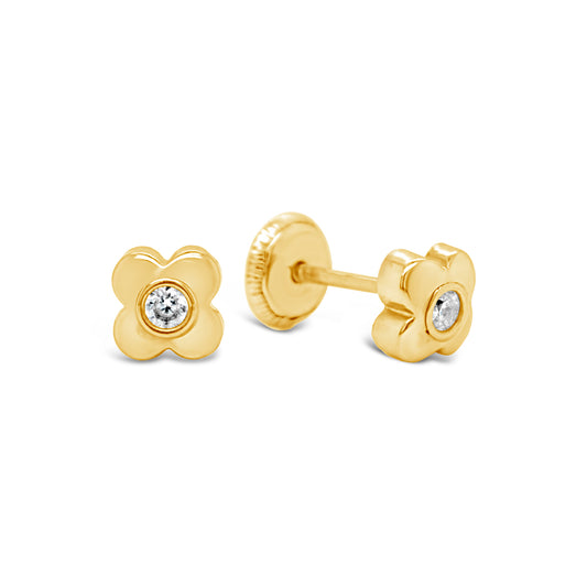 14K Yellow Gold Small Bubble Flower with Soulitaire CZ Center Stud Screwback Earrings