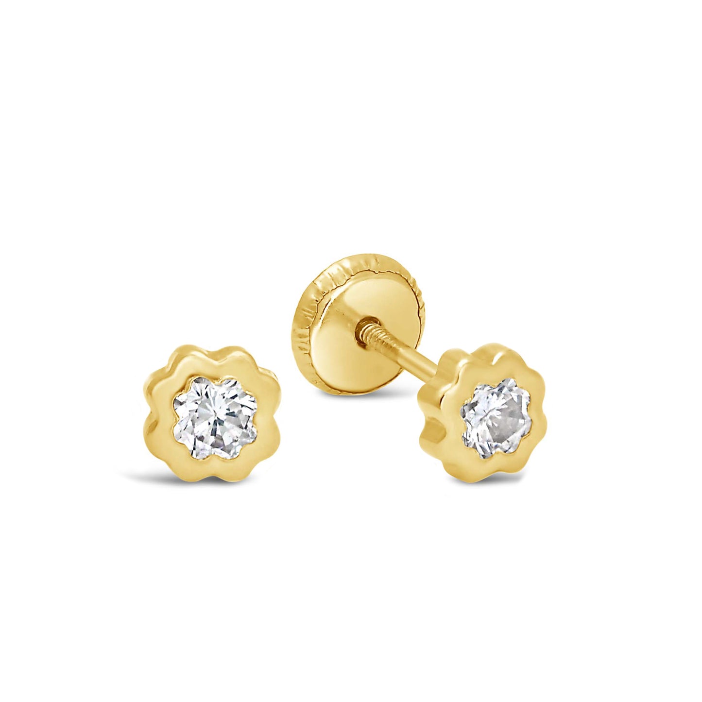 14K Yellow Gold Medium Round Sunburst Flower with CZ Center Stud Screwback Earrings