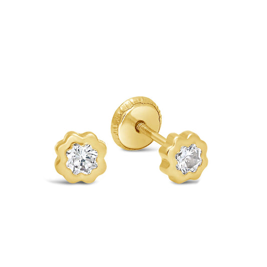 14K Yellow Gold Medium Round Sunburst Flower with CZ Center Stud Screwback Earrings