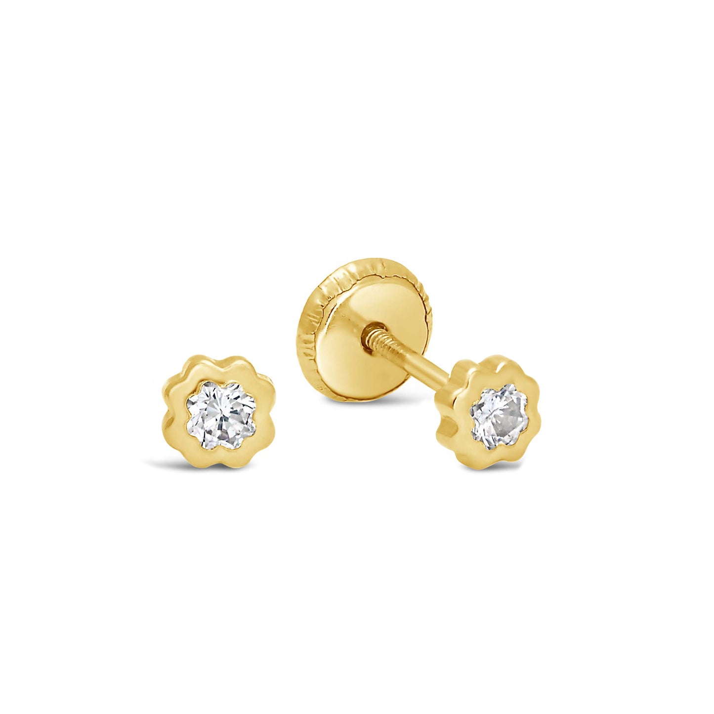 14K Yellow Gold Small Round Sunburst Flower with CZ Center Stud Screwback Earrings