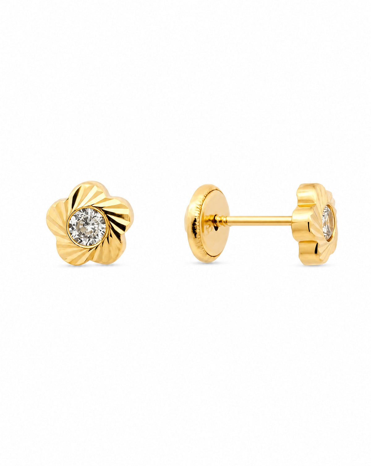 14K Yellow Gold Small Diamond Cut Petals Flower and CZ on Center
