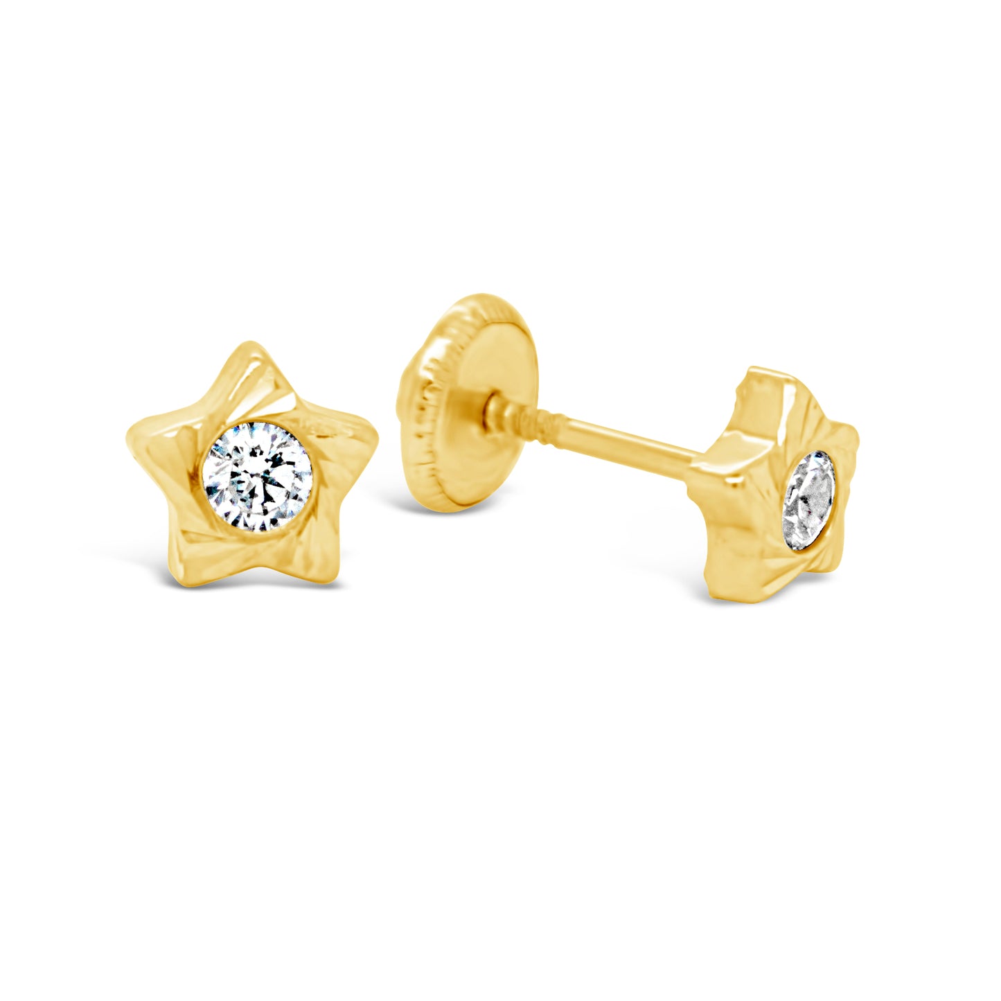 14K Yellow Gold Solitaire CZ Domed Star Stud Screwback Earrings