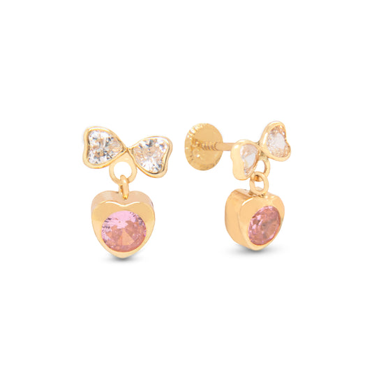 14K Yellow Gold White & Pink CZ Bow and Heart Drop Stud Screwback Earrings
