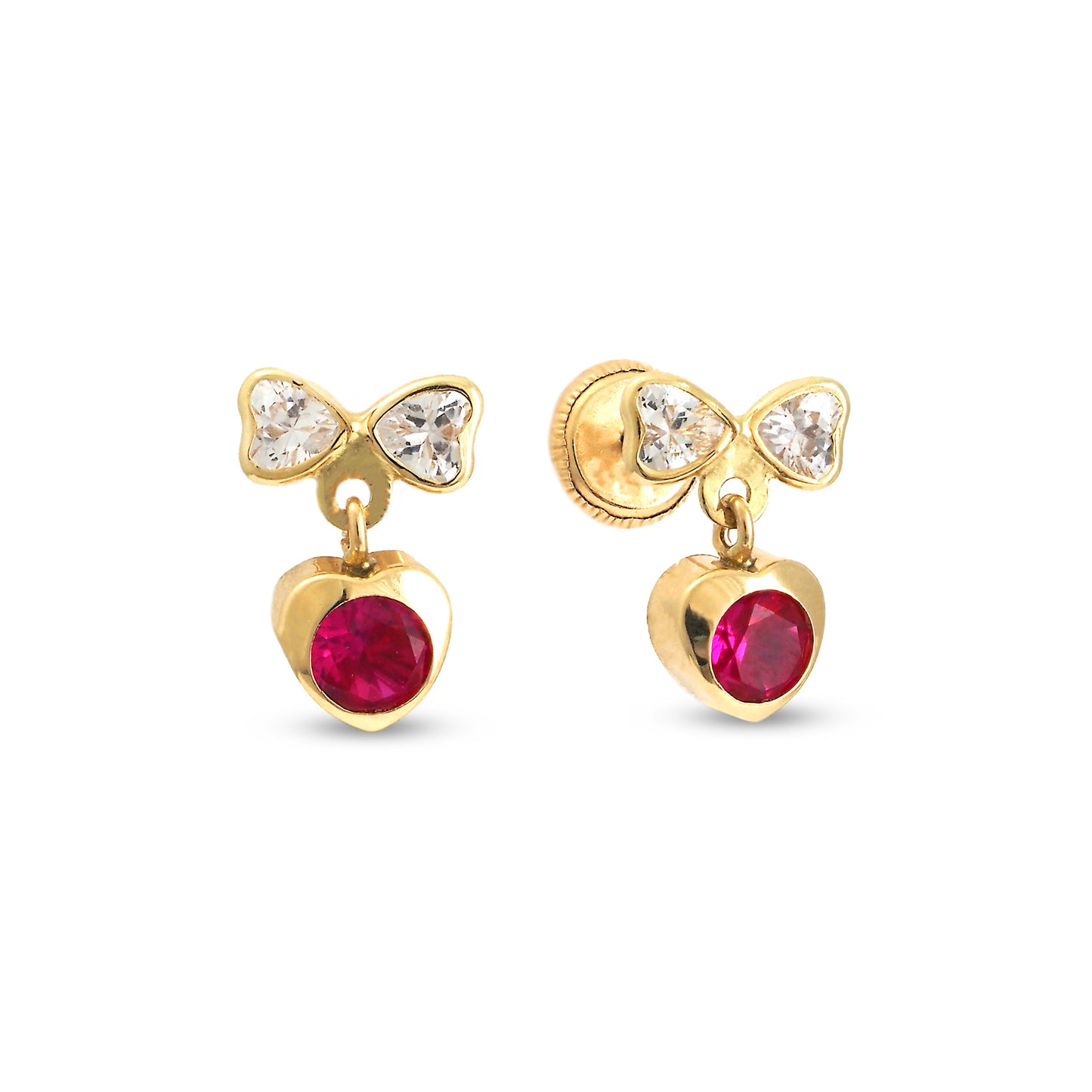14K Yellow Gold White & Red CZ Bow and Heart Drop Stud Screwback Earrings