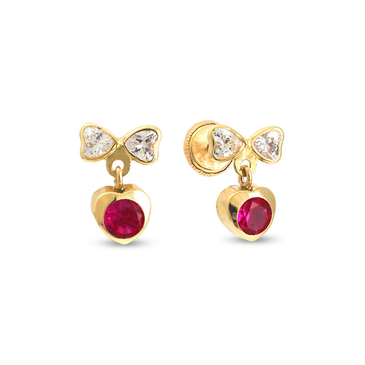 14K Yellow Gold White & Red CZ Bow and Heart Drop Stud Screwback Earrings