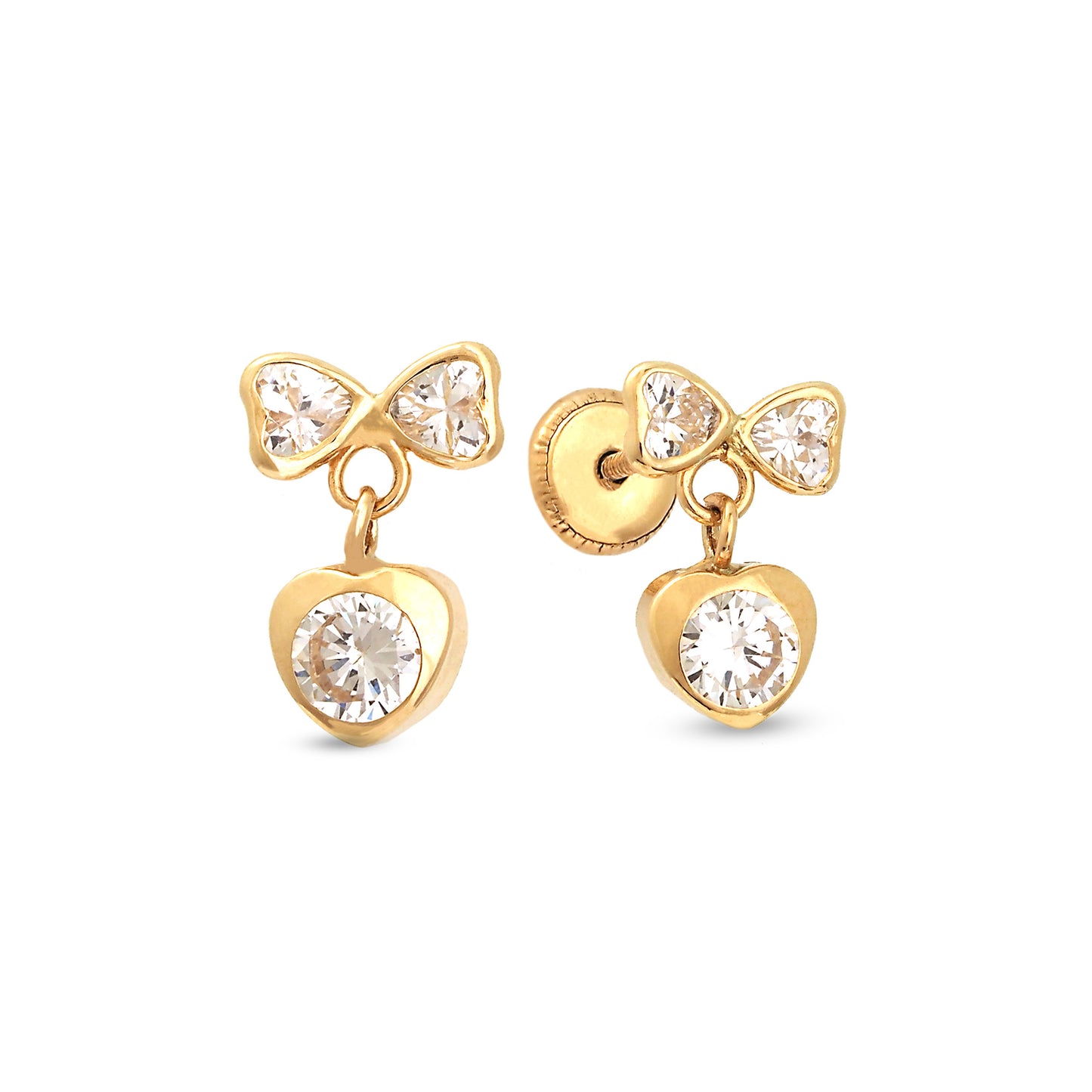 14K Yellow Gold White CZ Bow and Heart Drop Stud Screwback Earrings