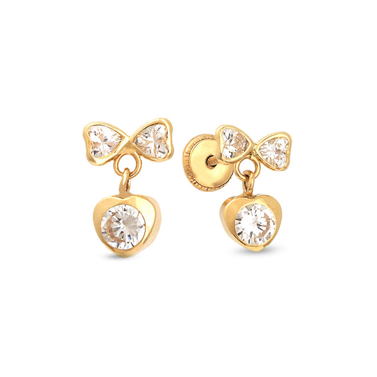 14K Yellow Gold White CZ Bow and Heart Drop Stud Screwback Earrings