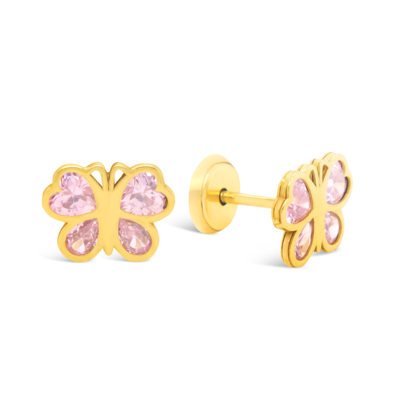 14K Yellow Gold Radiant Heart Butterfly with Pink CZ Accents Stud Earrings