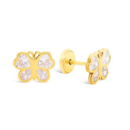 14K Yellow Gold Radiant Heart Butterfly with White CZ Accents Stud Earrings