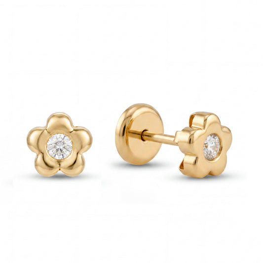 14K Yellow Gold Small Flower with CZ on Center Stud Screwback Earring