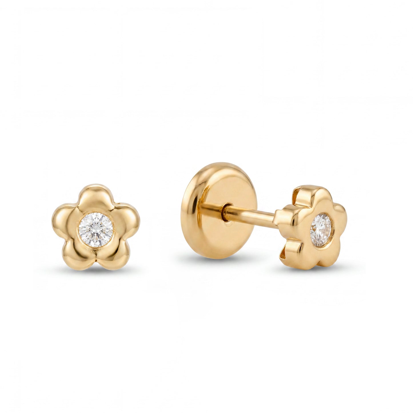 14K Yellow Gold Extra Small Flower with CZ on Center Stud Screwback Earring