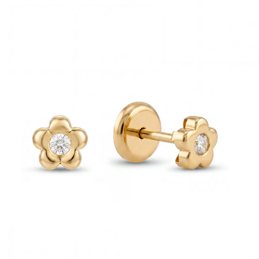 14K Yellow Gold Extra Small Flower with CZ on Center Stud Screwback Earring