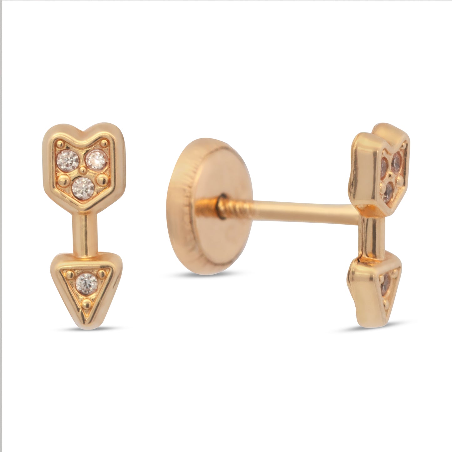 14K Yellow Gold White CZ Arrow Stud Screwback Earrings