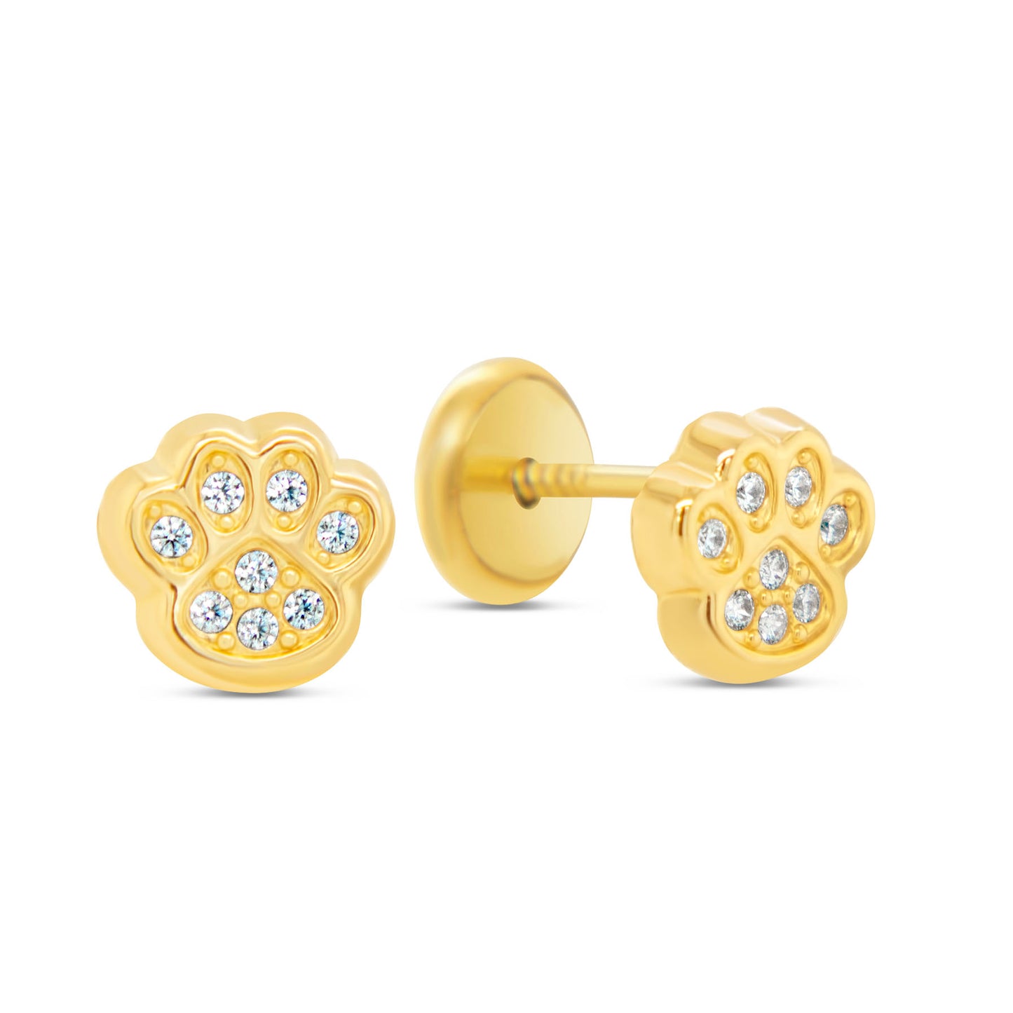 14K Yellow Gold Radiant Pave CZ Paw Print Stud Screwback Earrings