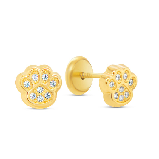 14K Yellow Gold Radiant Pave CZ Paw Print Stud Screwback Earrings