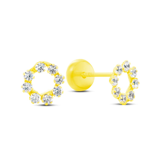 14K Yellow Gold Radiant Open Circle White CZ Stud Screwback Earrings