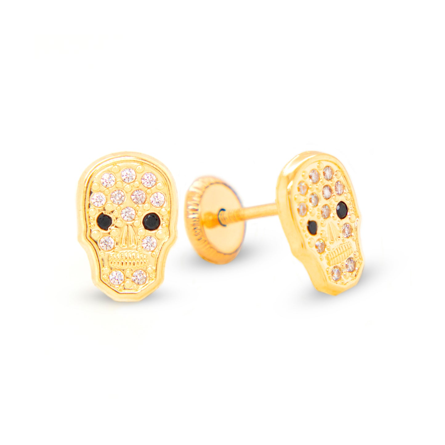 14K Yellow Gold Radiant Pave Skull with Black CZ Eyes Stud Screwback Earrings