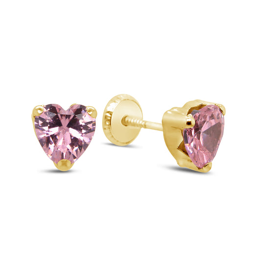 14K Yellow Gold Large Pink Heart CZ Prong-Set Stud Screwback Earrings