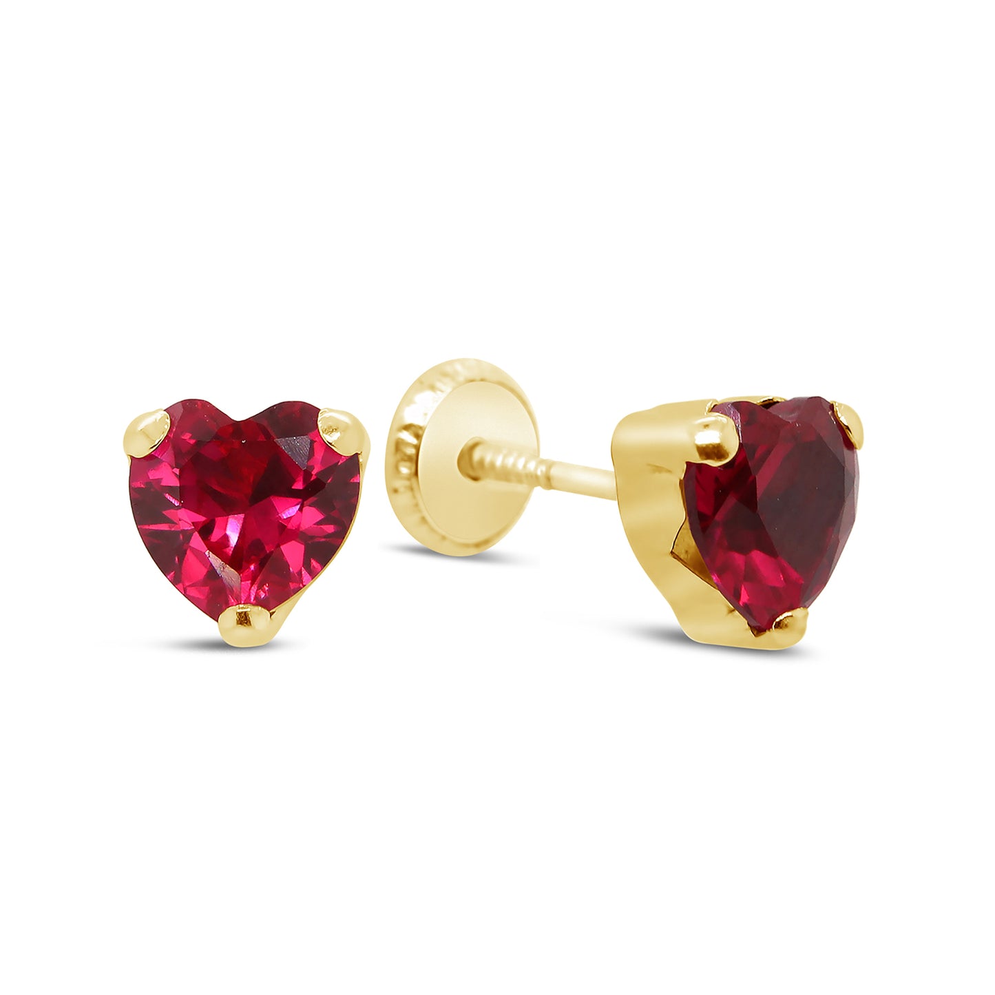 14K Yellow Gold Large Red Heart CZ Prong-Set Stud Screwback Earrings
