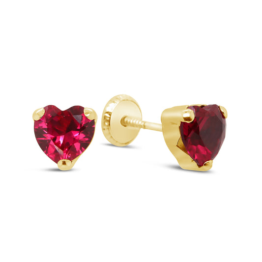14K Yellow Gold Large Red Heart CZ Prong-Set Stud Screwback Earrings
