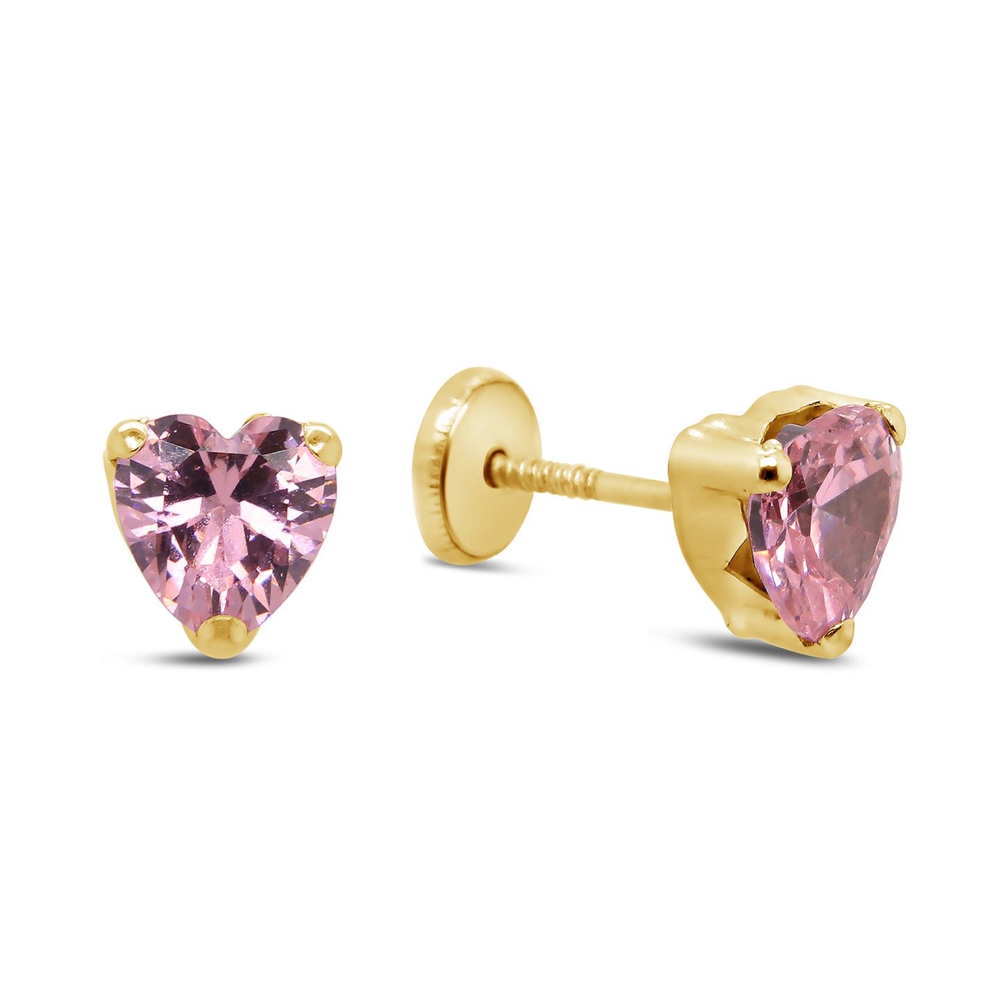 14K Yellow Gold Medium Pink Heart CZ Prong-Set Stud Screwback Earrings