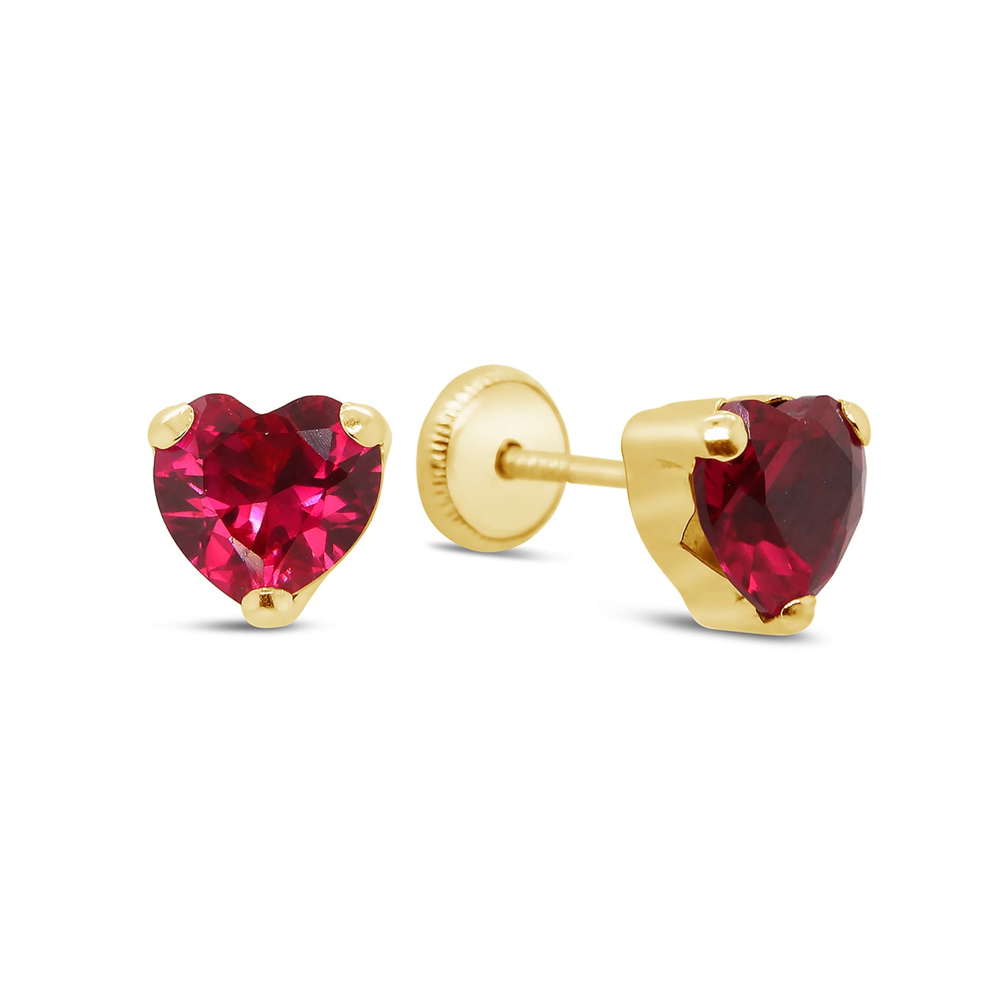 14K Yellow Gold Medium Red Heart CZ Prong-Set Stud Screwback Earrings