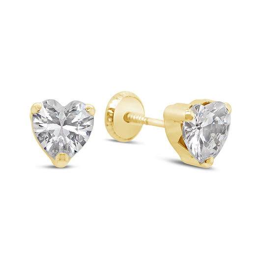 14K Yellow Gold Medium White Heart CZ Prong-Set Stud Screwback Earrings