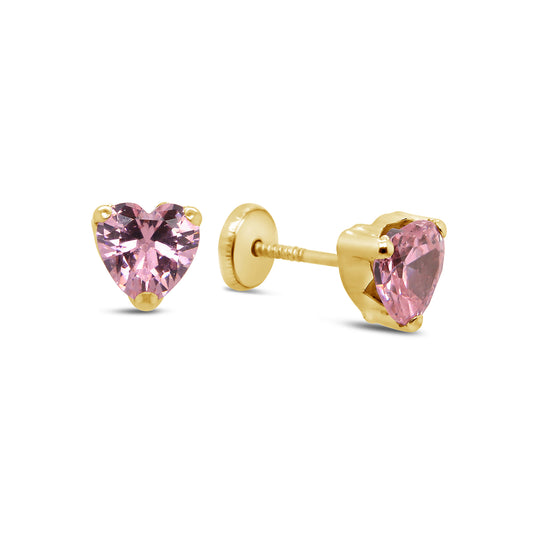14K Yellow Gold Small Pink Heart CZ Prong-Set Stud Screwback Earrings