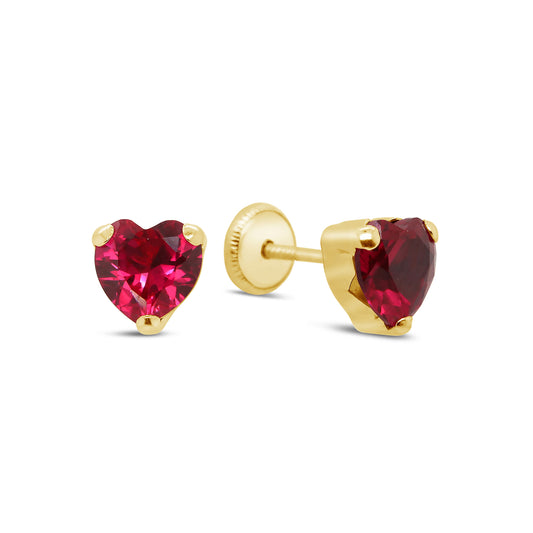 14K Yellow Gold Small Red Heart CZ Prong-Set Stud Screwback Earrings