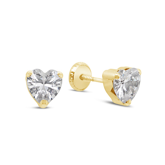 14K Yellow Gold Small White Heart CZ Prong-Set Stud Screwback Earrings