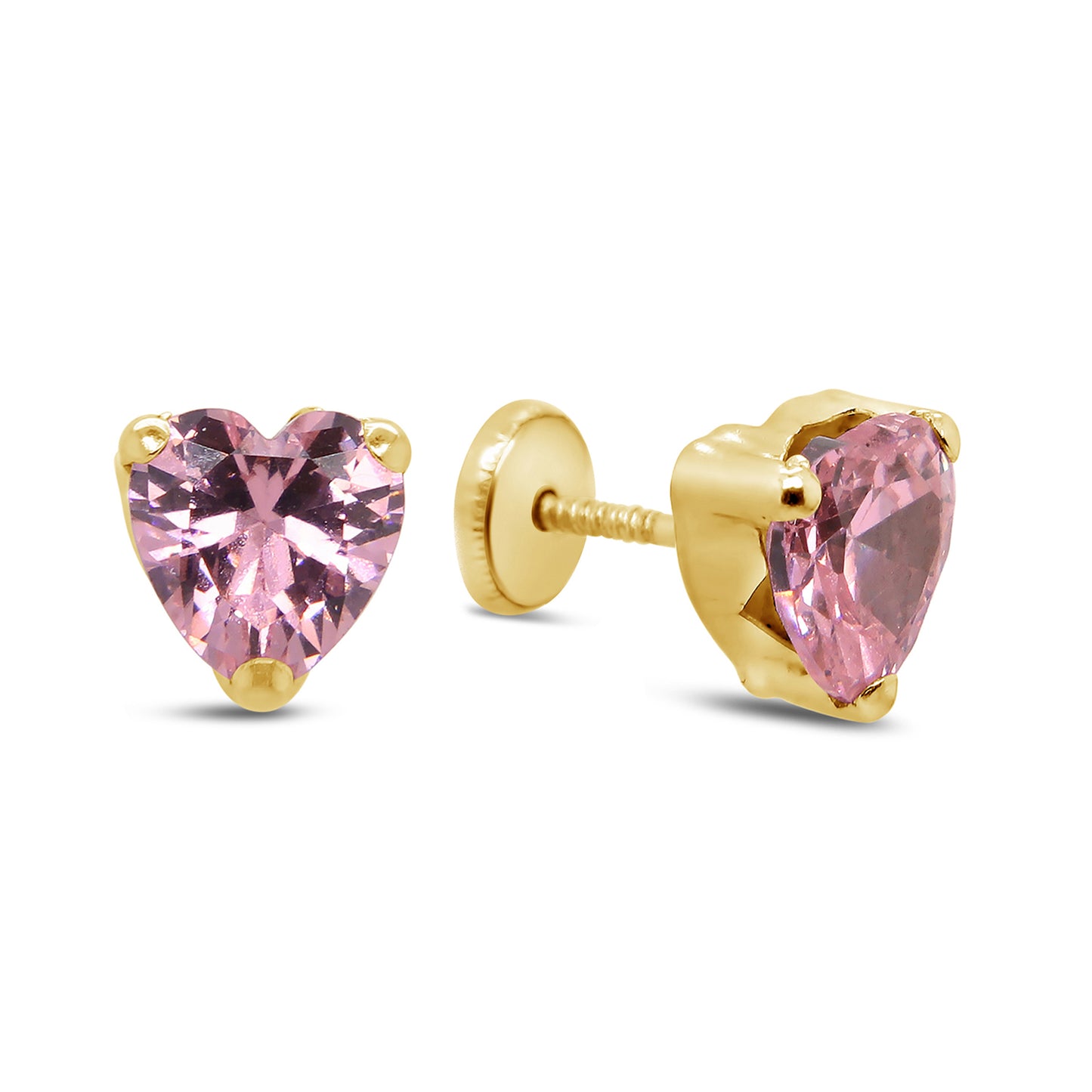 14K Yellow Gold Extra Large Pink Heart CZ Prong-Set Stud Screwback Earrings