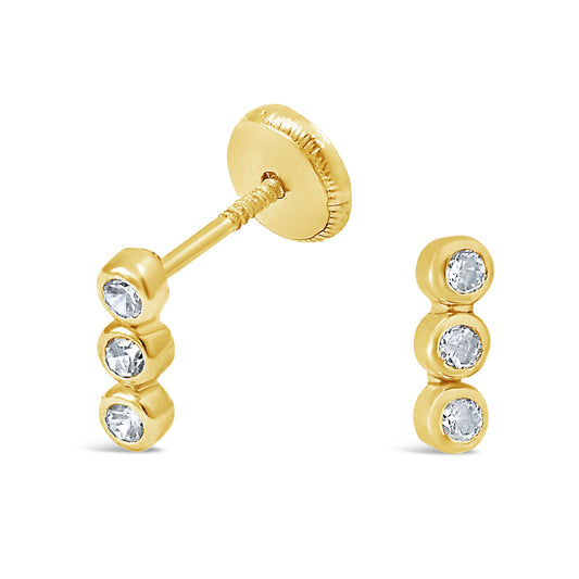 14K Yellow Gold Large 3-CZ Bar Bezel Stud Screwback Earrings