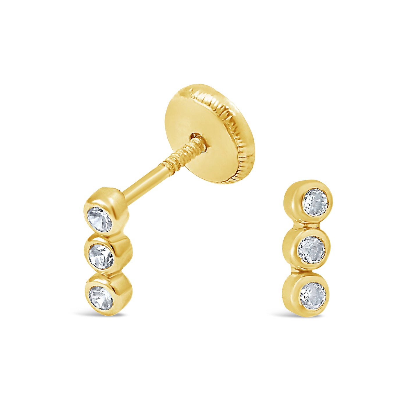 14K Yellow Gold Small 3-CZ Bar Bezel Stud Screwback Earrings