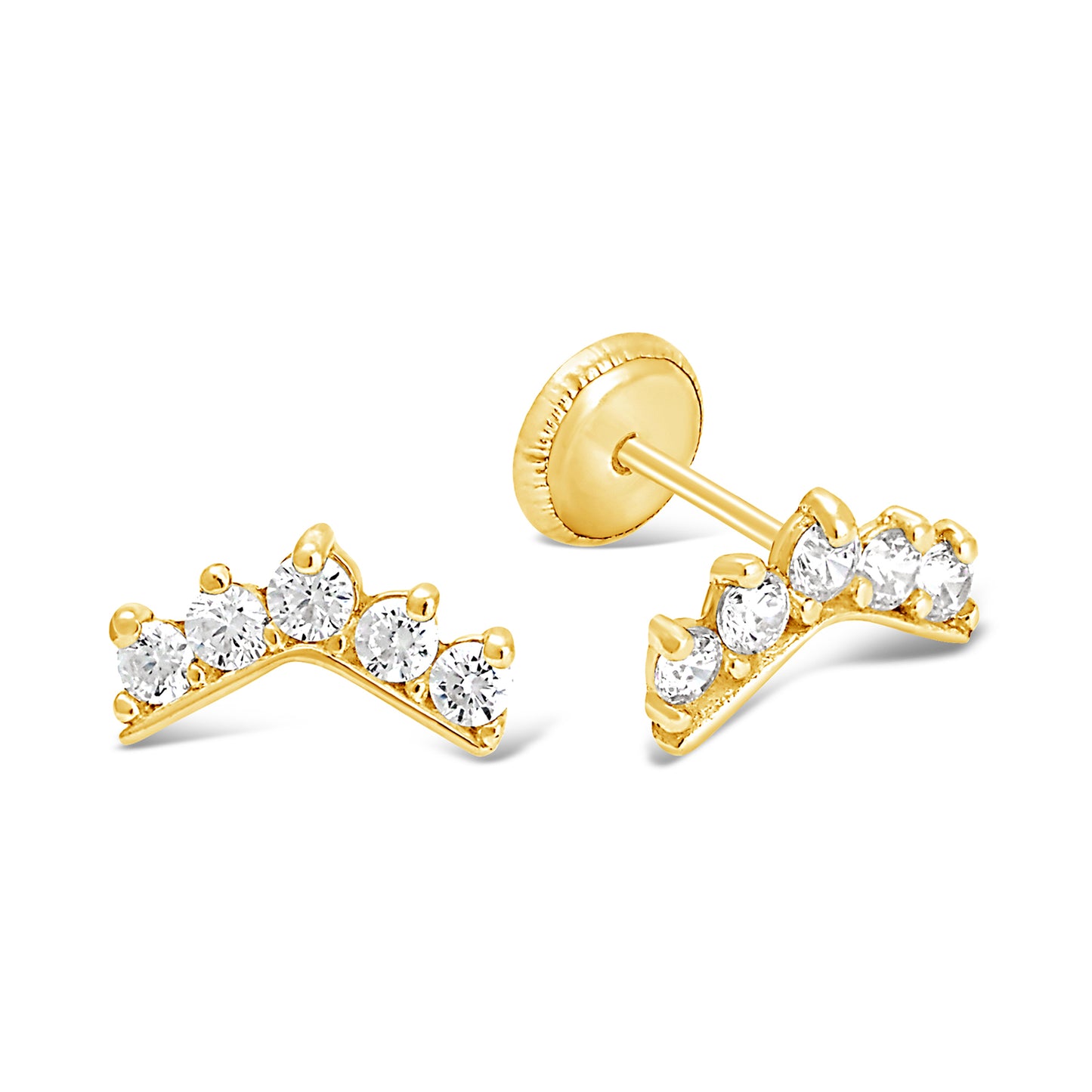 14K Yellow Gold White CZ Crown Stud Screwback Earrings