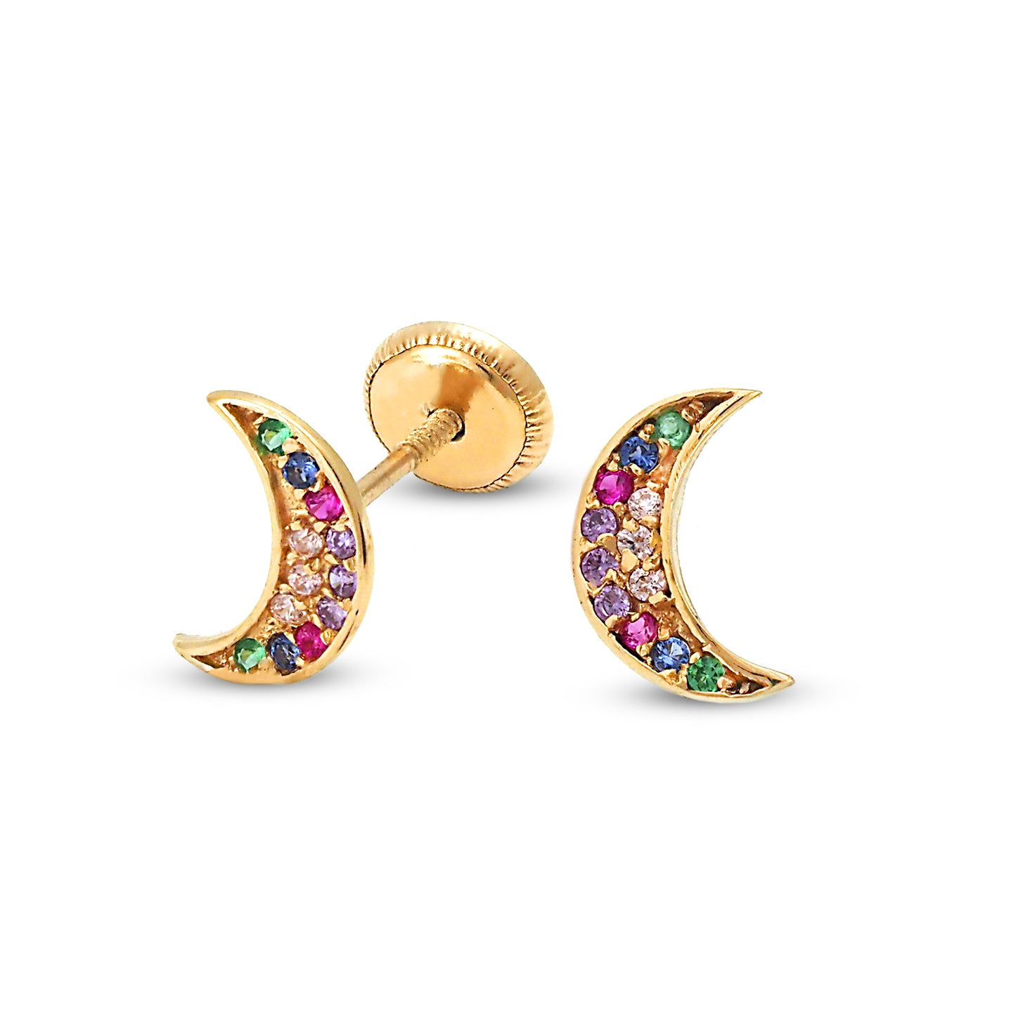 14K Yellow Gold Multi-Color CZ Pave Crescent Moon Stud Screwback Earrings