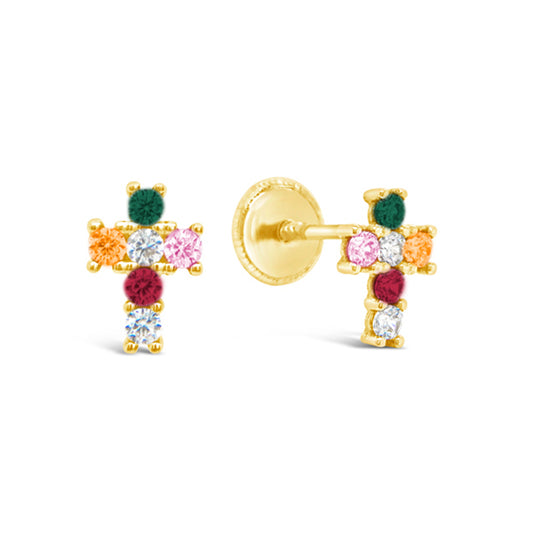 14K Yellow Gold Radiant Multi-Color CZ Cross Stud Screwback Earrings