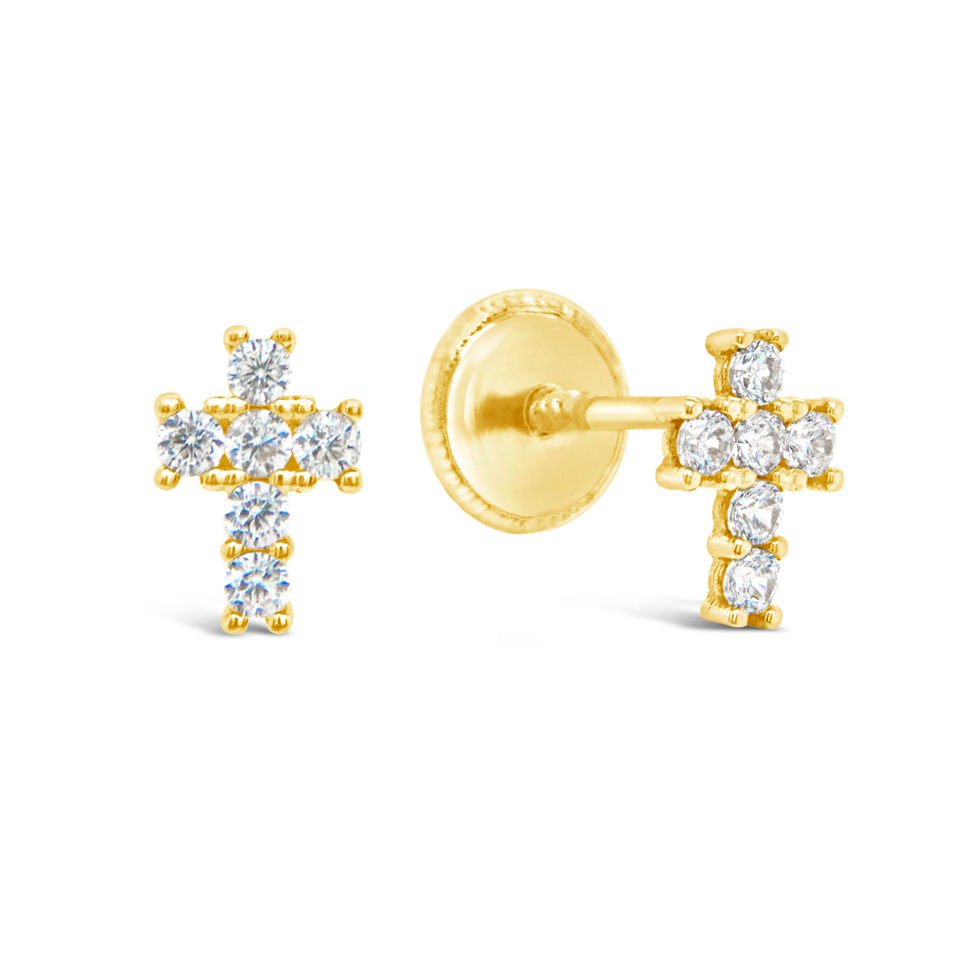 14K Yellow Gold Radiant Pave Cubic Zirconia Cross Stud Screwback Earrings
