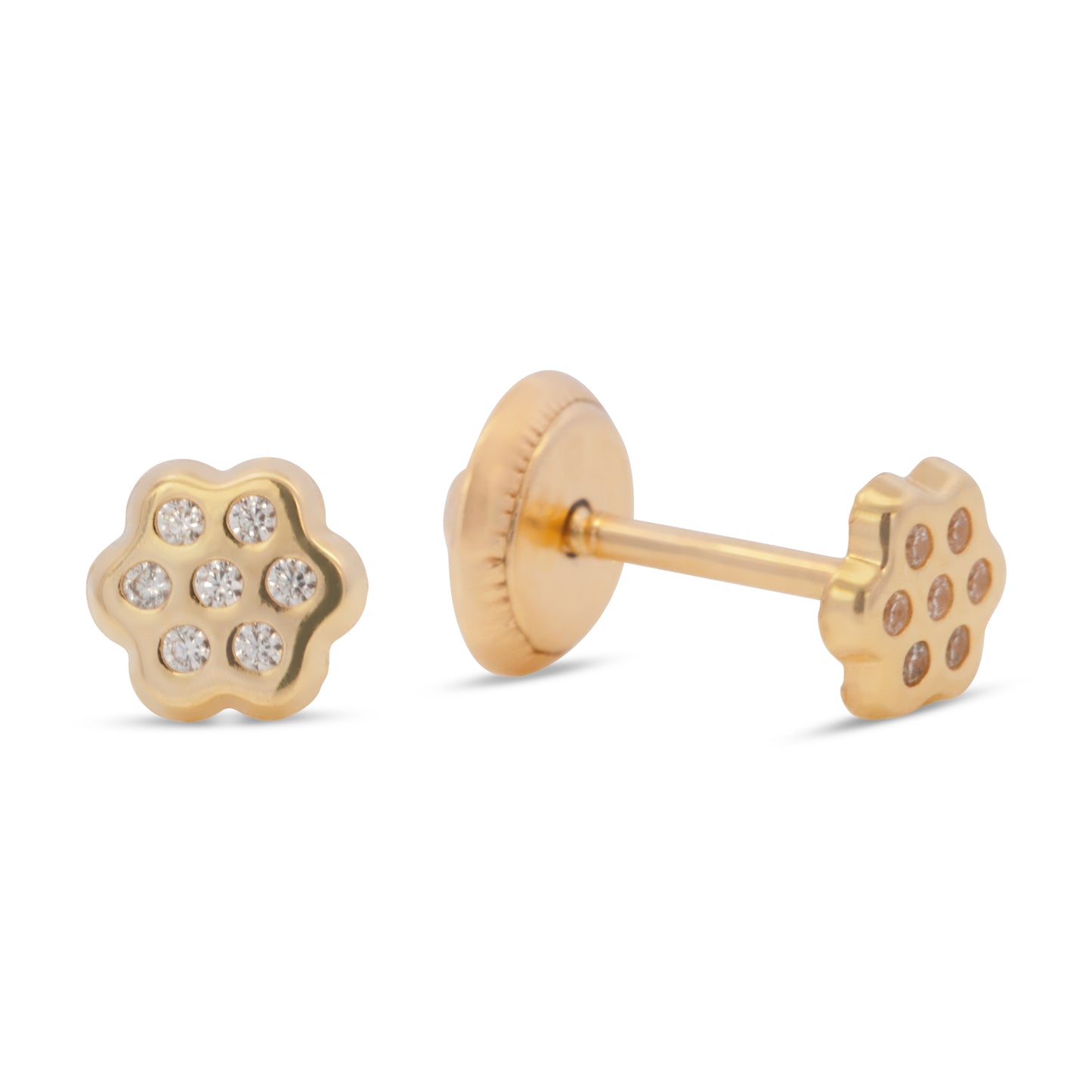 14K Yellow Gold White CZ Round Flower Stud Screwback Earrings
