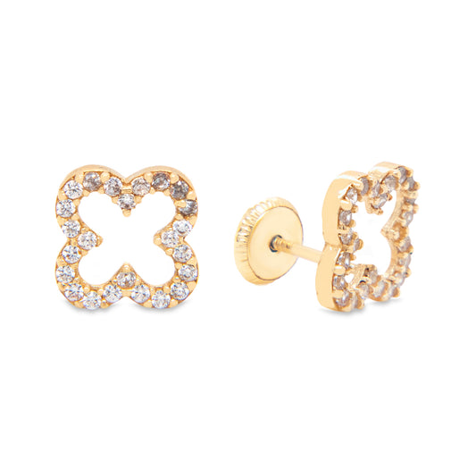 14K Yellow Gold Medium Open Clover Pave White CZ Stud Screwback Earrings