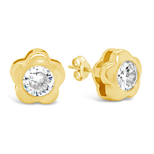 14K Yellow Gold Large Round CZ Petal-Frame Stud Pushback Earrings