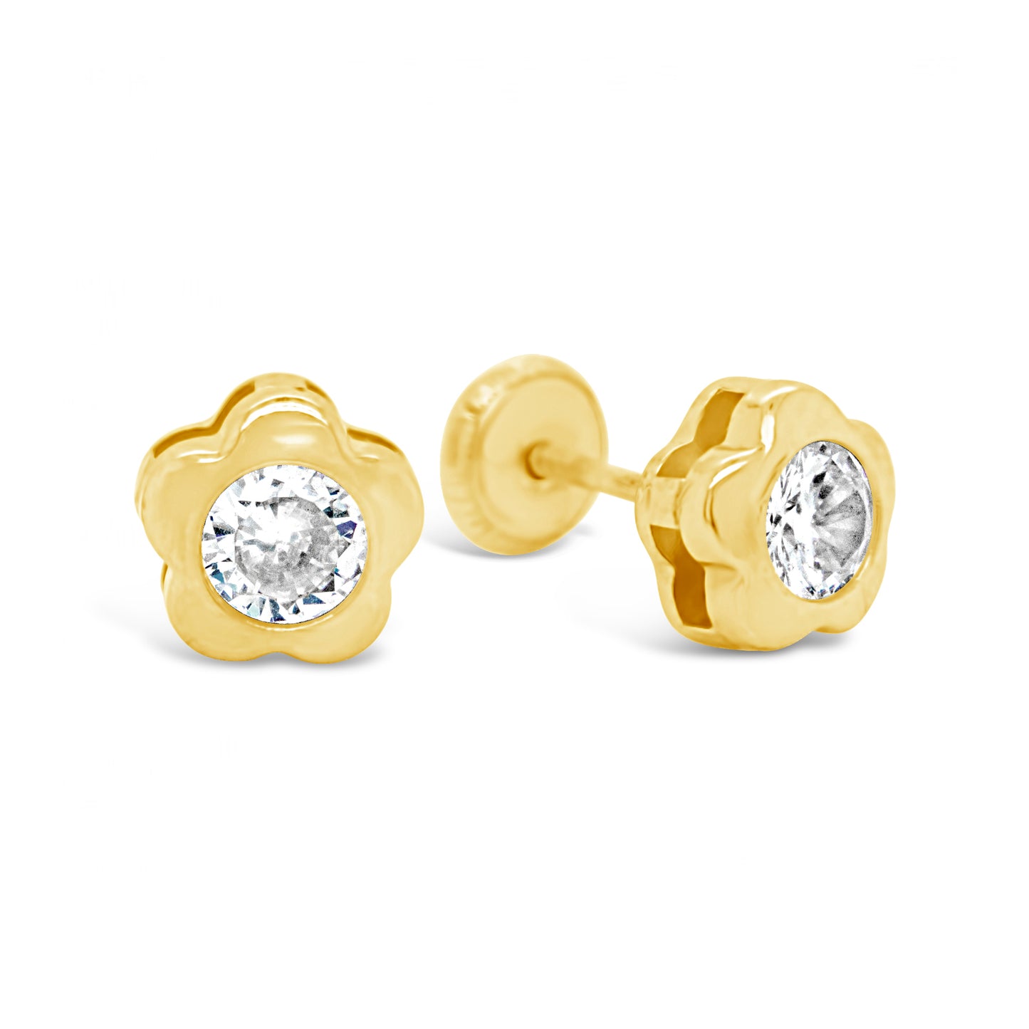 14K Yellow Gold Medium Round CZ Petal-Frame Stud Screwback Earrings